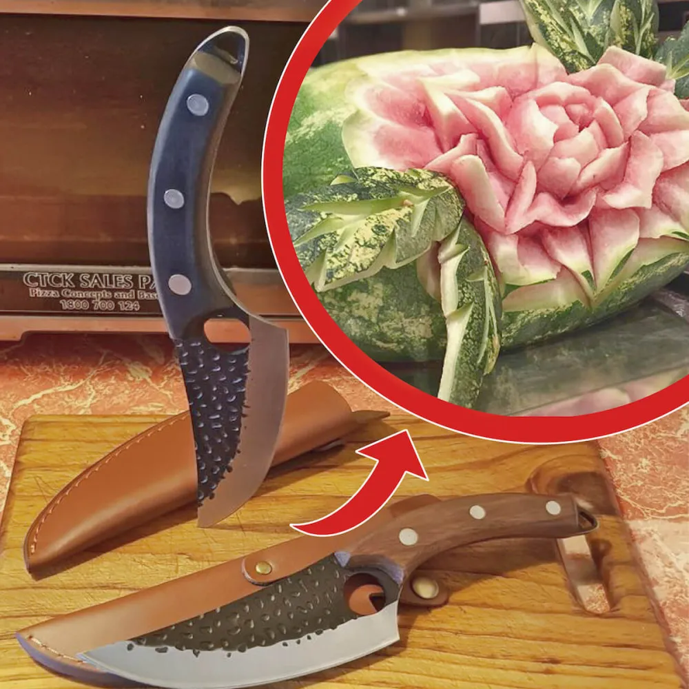 Matsato chef knife with beech wood handle on a kitchen board